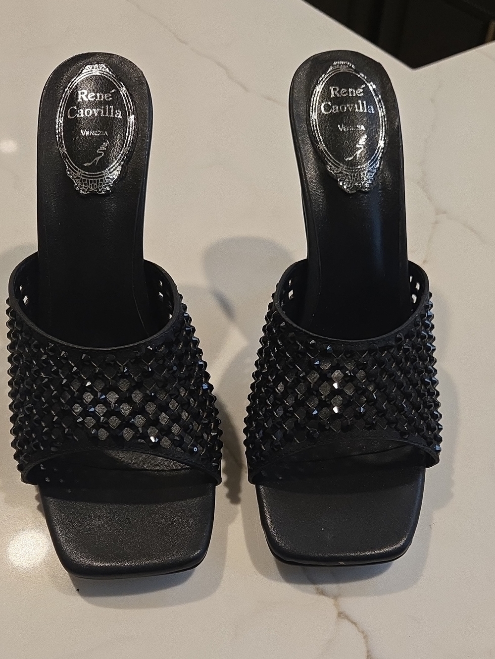 Rene Caovilla Black Jeweled Mesh Slide Mules